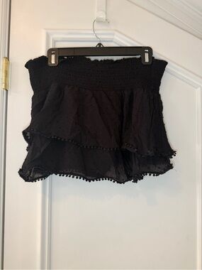 Paradise Black Smocked Ruffle Skort Hidden Shorts Pom Pom Trim L